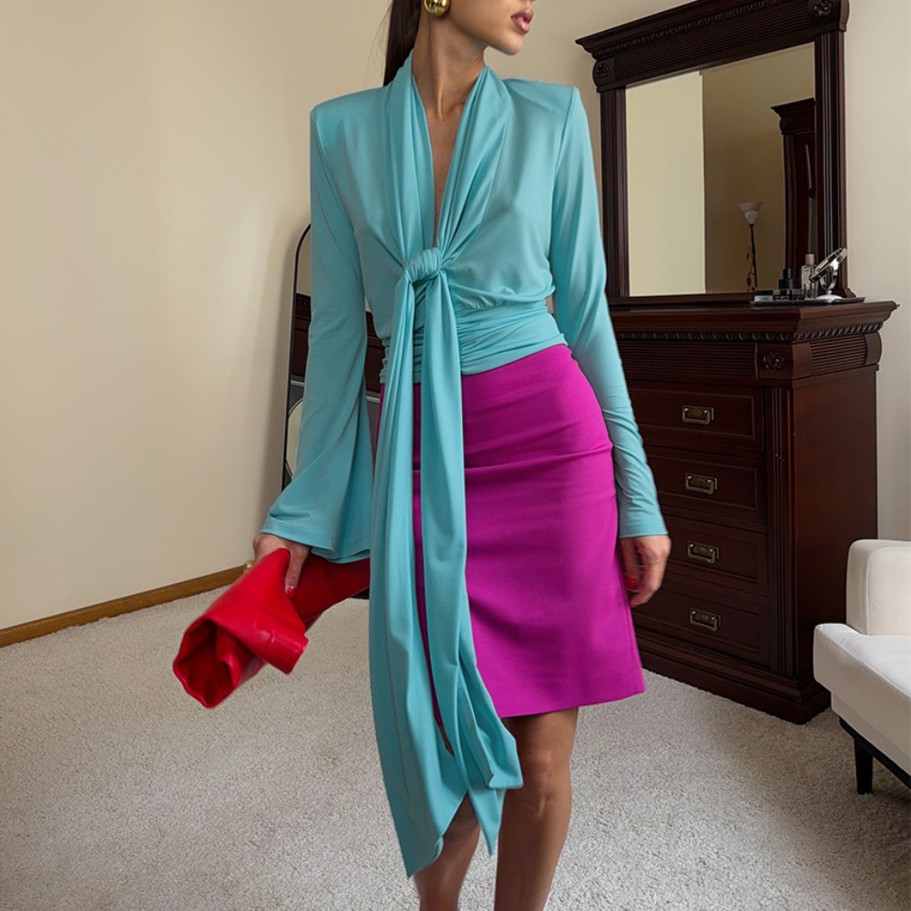 Shoulder Pad Set In - Sexy Horn Sleeve V-neck Shirt Spring