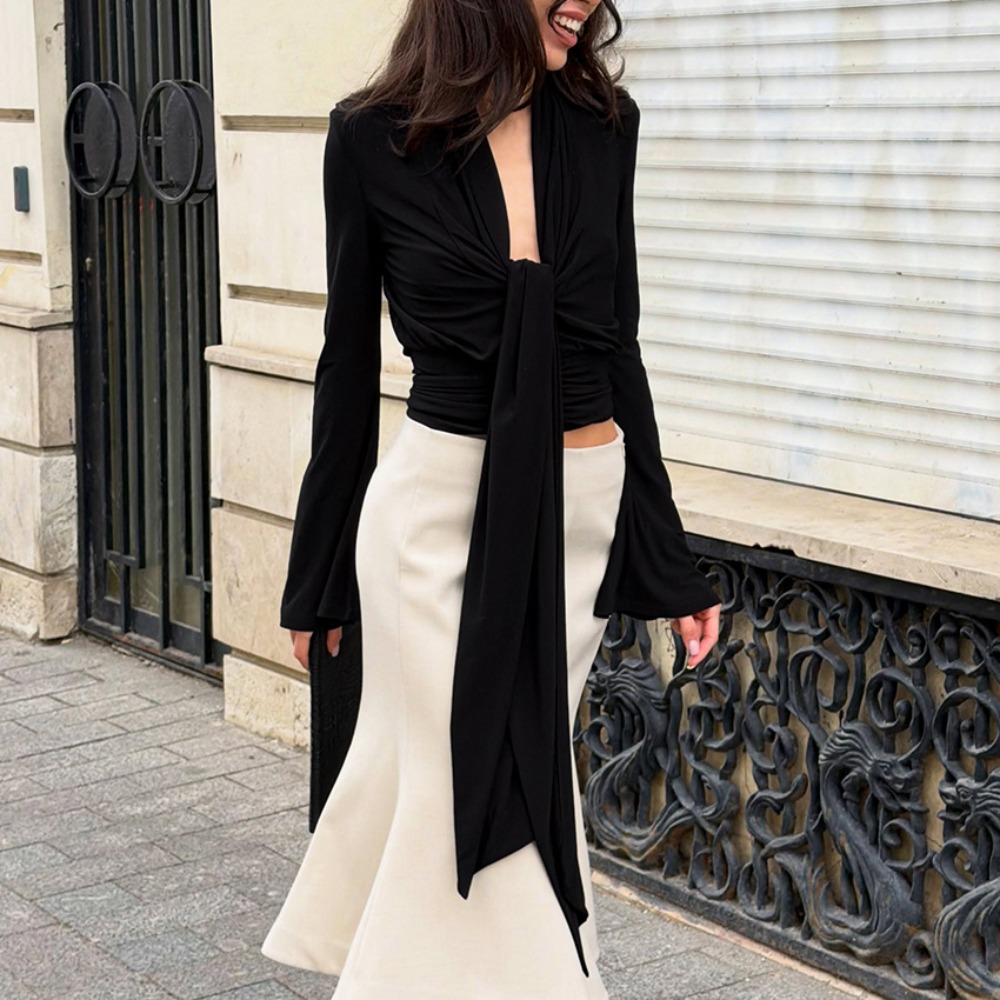 Sexy Horn Sleeve V-neck Shirt  - Shoulder Pad Set In recension och pris